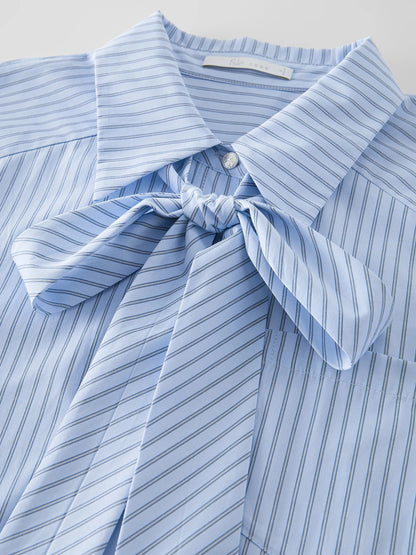 Office Lady French Bow Tie Striped Shirt for Women Spring Loose Fit Shirt College Casual Women Top for Women 25FS11060