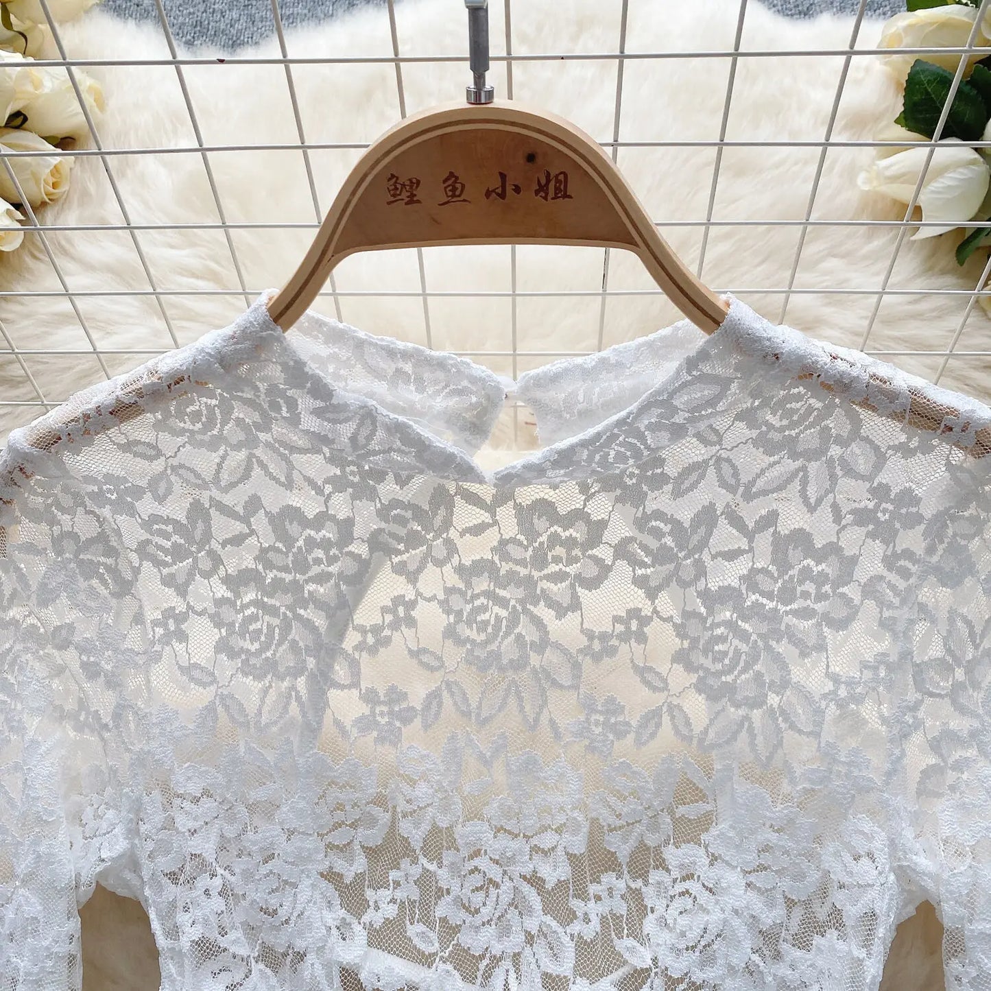 Women's Autumn Mesh Lace Hollow Out White Short Dress Women Micro Flare Sleeve See Through Translucent Sexy Girl's Mini Dress