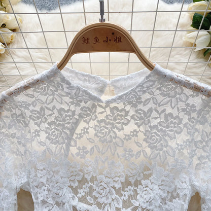 Women's Autumn Mesh Lace Hollow Out White Short Dress Women Micro Flare Sleeve See Through Translucent Sexy Girl's Mini Dress