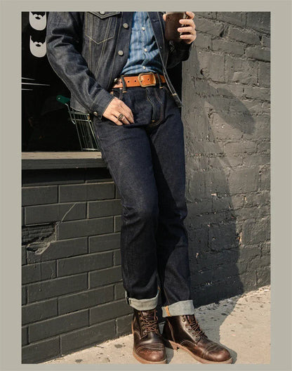 Slim Straight Jeans Rinsed Spring Men's Red Selvedge Denim Pants GT-0003
