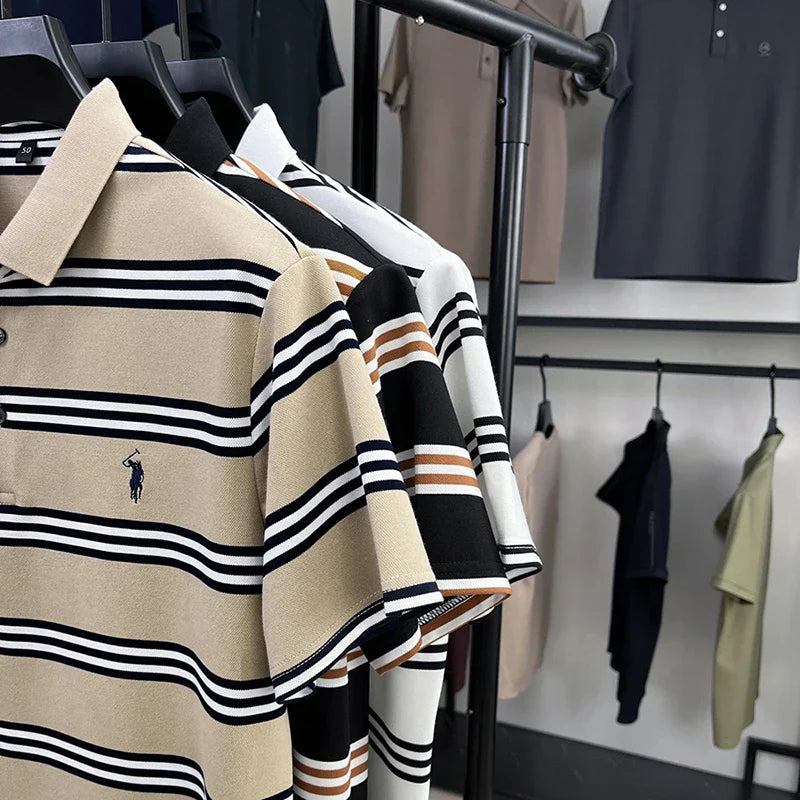 Men's Short Sleeve Embroidered Striped Polo Shirt Summer High End Brand Fashion Business Breathable Lapel T-shirt Men's Clothing