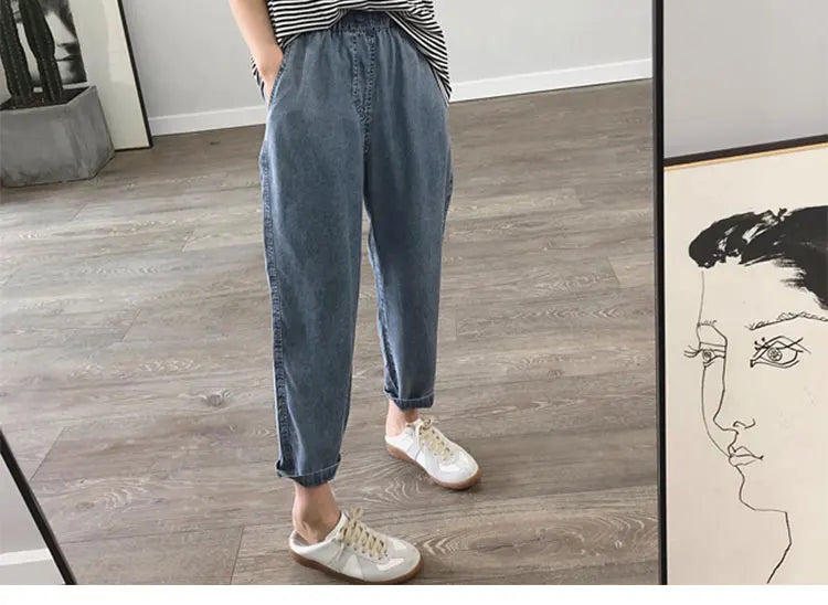 Summer Plus Size Jeans Woman Casual Loose Baggy Denim Harem Pants Elastic Waist Thin Cotton Mom Jeans Women Ankle-Length Slacks
