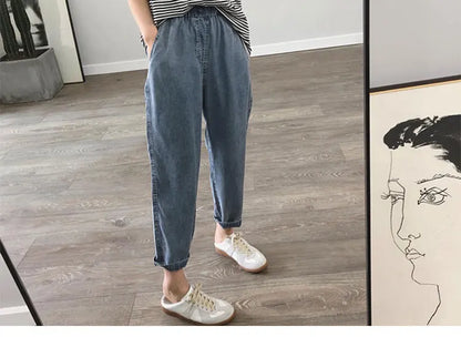 Summer Plus Size Jeans Woman Casual Loose Baggy Denim Harem Pants Elastic Waist Thin Cotton Mom Jeans Women Ankle-Length Slacks