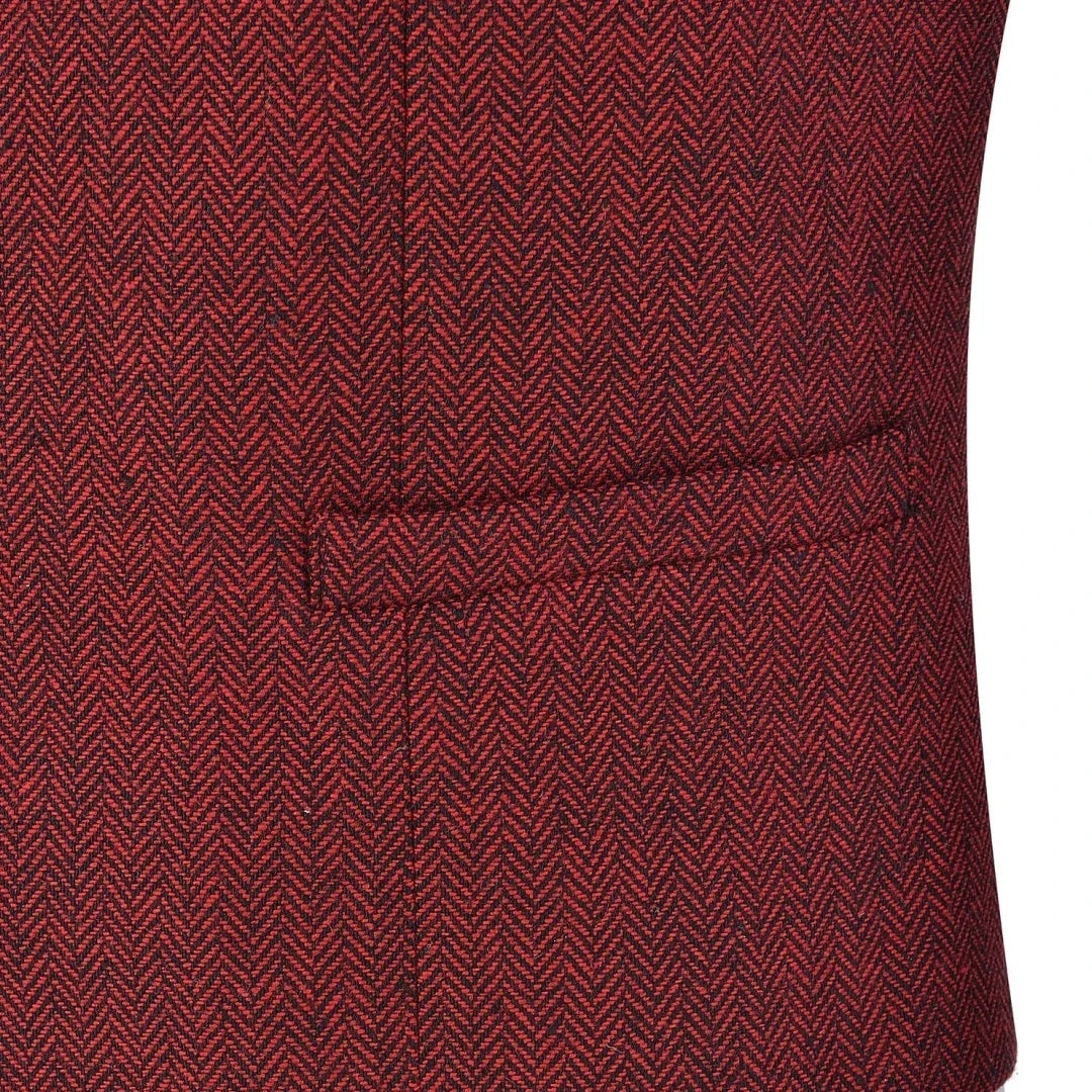 Men Vest Red Solid V Neck Herringbone Waistcoat For Wedding Business Birthday Banquet Work Set Men Suit Vest