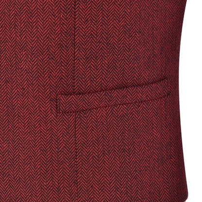 Men Vest Red Solid V Neck Herringbone Waistcoat For Wedding Business Birthday Banquet Work Set Men Suit Vest