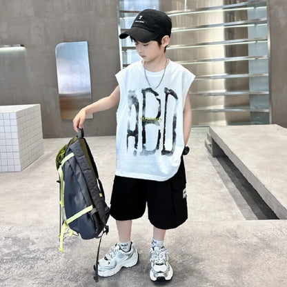 Summer Boys Cotton Sleeveless Alphabet T-Shirt Tops+Shorts Workout Sets School Kids 2PCS Tracksuit Child Jogging Outfits 5-16 Yr