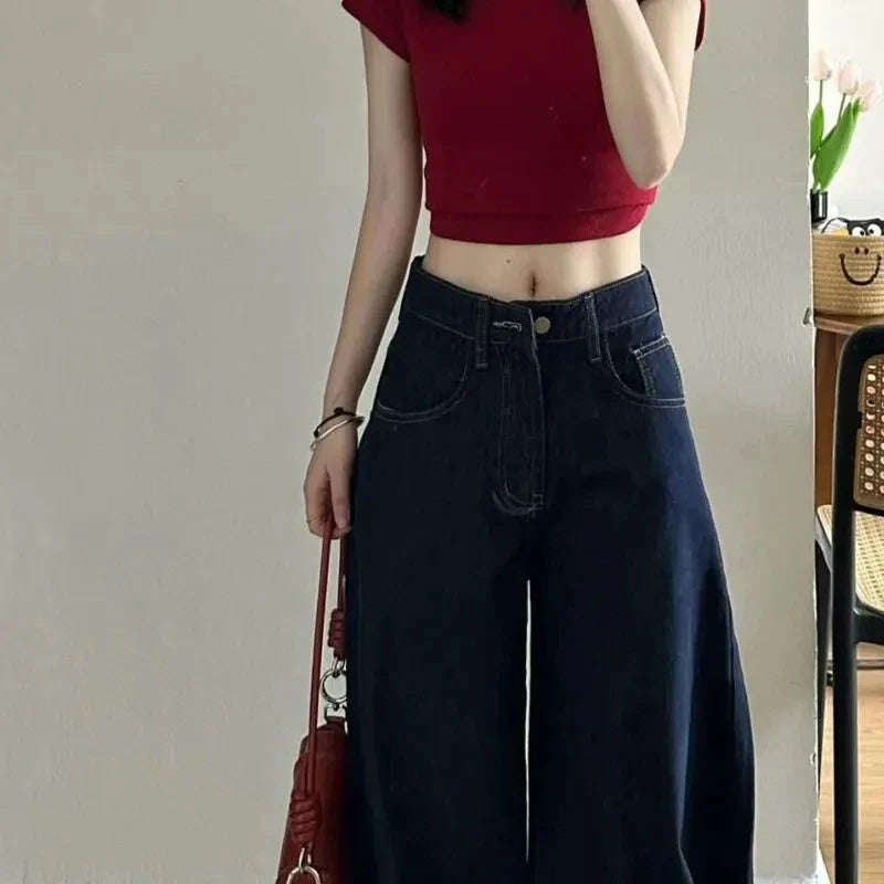 Deep Blue Wide Leg Straight Cut Jeans Women's Loose Fitting Slimming Trousers High Waist Long Pants Autumn Faion Trend
