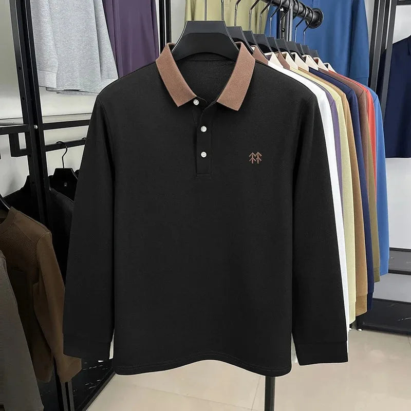 Fashion luxury brand long sleeve polo shirt men's autumn new trend badge embossed design Korean casual silk cotton lapel T-shirt