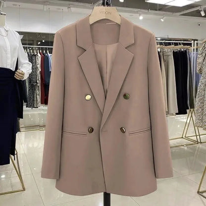 Blazer Woman Autumn Spring Long Sleeve Double Breatsed Lapel Loose Coat Slim Casual Jackets Office Ladies Vintage Blazers