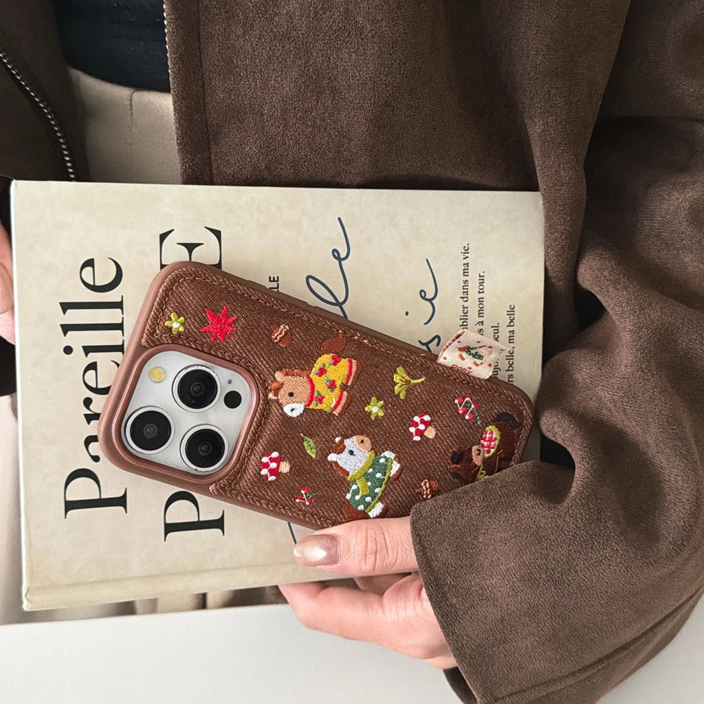 Cute Brown Embroidered Pony Mushroom With Lanyard Shockproof Protective Phone Cover Case for iPhone 17 16 15 14 Pro Max