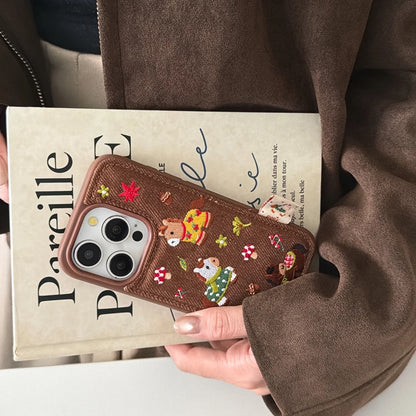 Cute Brown Embroidered Pony Mushroom With Lanyard Shockproof Protective Phone Cover Case for iPhone 17 16 15 14 Pro Max
