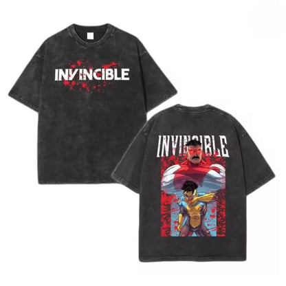 Hot Anime Invincible Washed Cotton Tshirt Anime Lover Couples Plus Size Unisex Mark Grayson Clothing High Quality Top