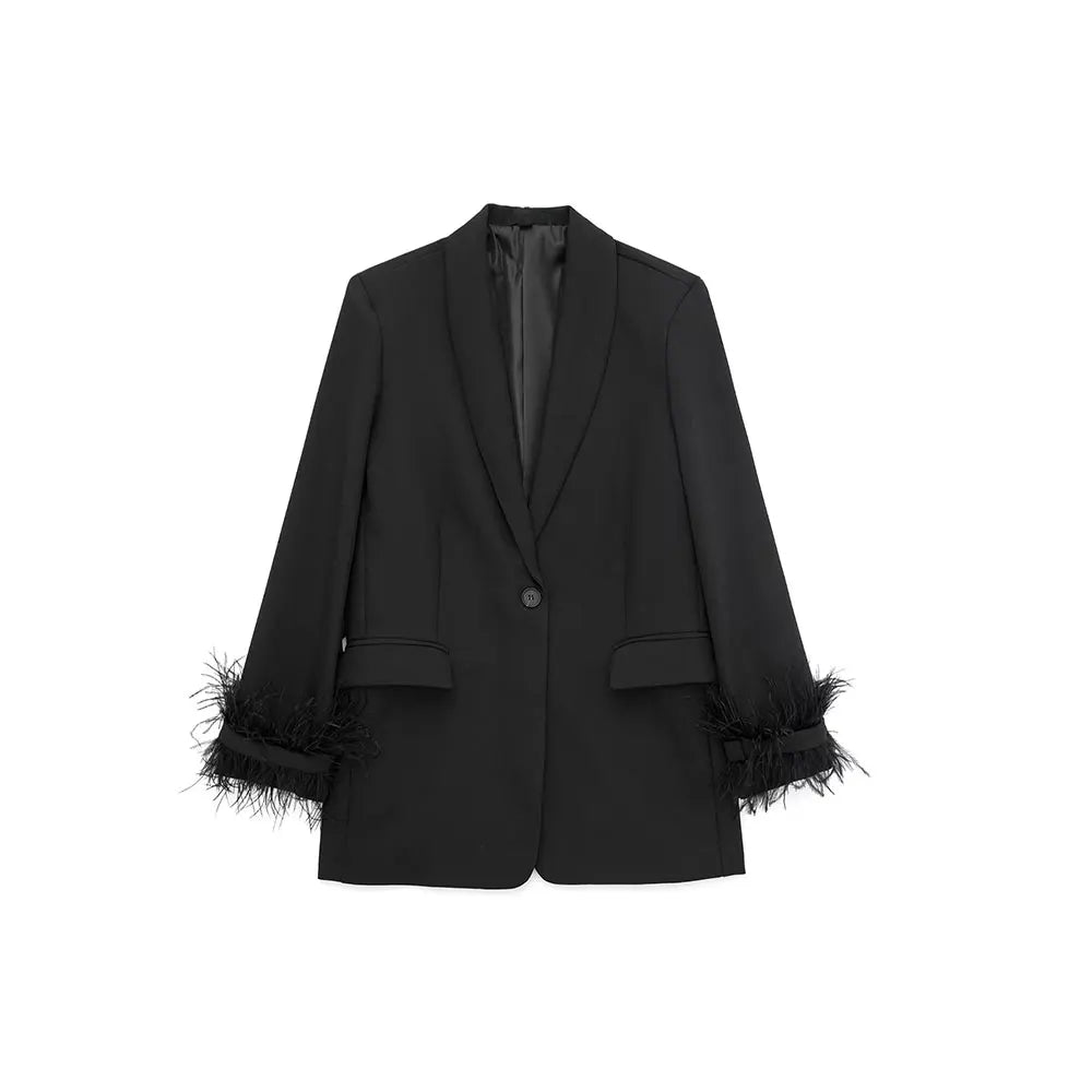 Women Fashion Satin Black With Feather Blazer Jacket Vintage Notched Neck Single Button Long Sleeves Female Outfits