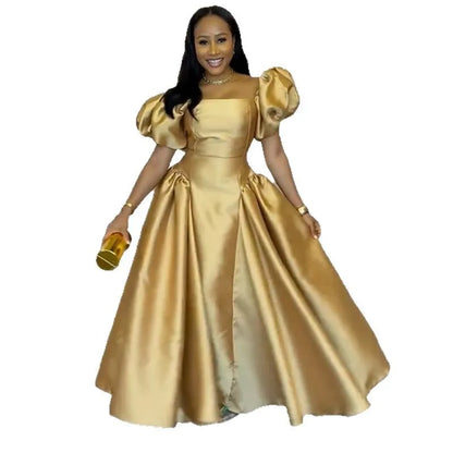 Elegant Dress for Women's Puff Sleeve Square Collar Gold Solid Pleated A-line Evening Party Cocktail Maxi Dresses