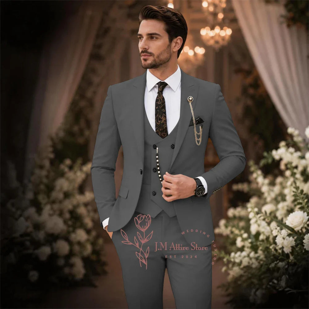 Sage Green Suit Men's 3 Piece Set Peak Lapel Jacket Vest Pants Custom Slim Fit for Wedding Groom Cocktail Party Tuxedo