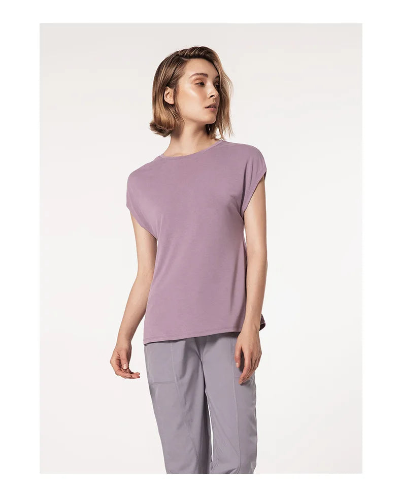 Women's Split Side Yoga Top Sexy Open Back Fitness T-shirt Loose Fit Workout Tee Running Sports Cover Gym Wear Woman Clothing