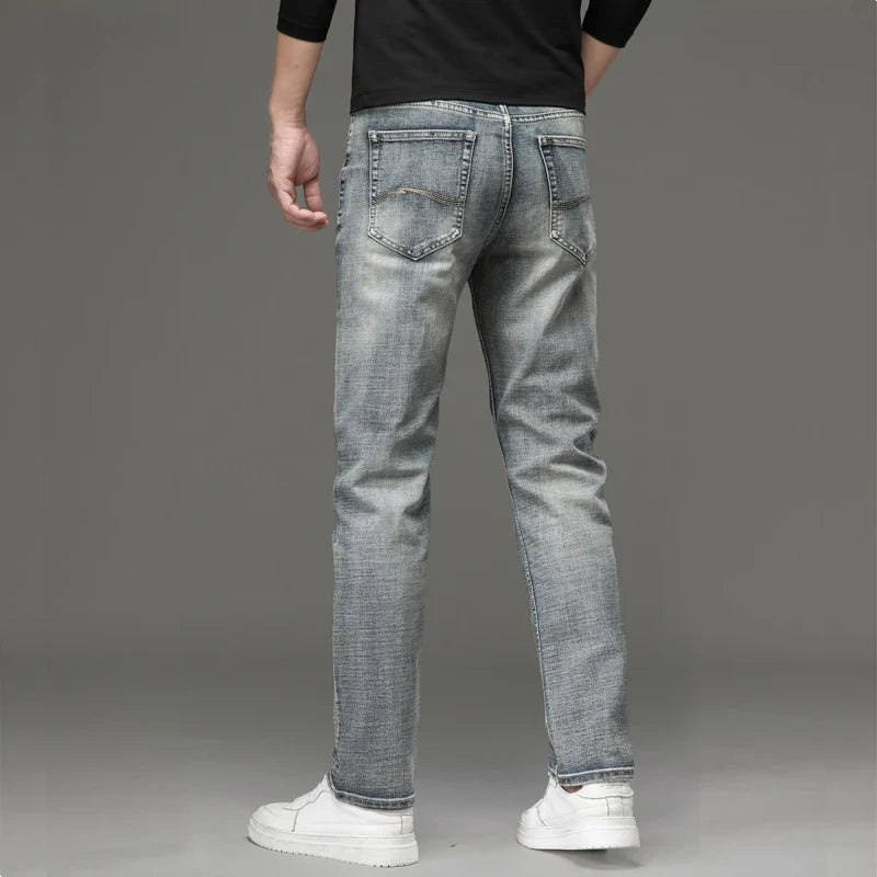 2025 Autumn New Slim Straight Jeans Men's Vintage Grey Elastic Cotton Fashion Casual Wash Denim Pants Korean Male Trousers