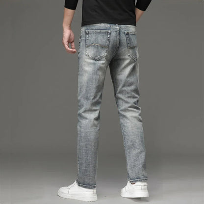2025 Autumn New Slim Straight Jeans Men's Vintage Grey Elastic Cotton Fashion Casual Wash Denim Pants Korean Male Trousers
