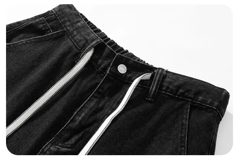 Fashion Streetwear Men's Denim Shorts Summer Loose Vintage Harajuku Splicing Hip-hop Cargo Moto Short Jeans Black Blue