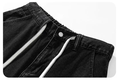 Fashion Streetwear Men's Denim Shorts Summer Loose Vintage Harajuku Splicing Hip-hop Cargo Moto Short Jeans Black Blue