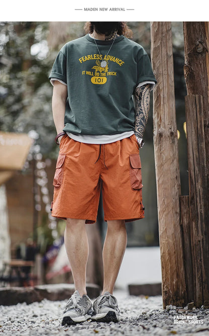 Summer Men Straight Shorts Orange Patchwork Gingham Loose Beach Pants Plus Size Shorts Elastic Waist Light Breathable