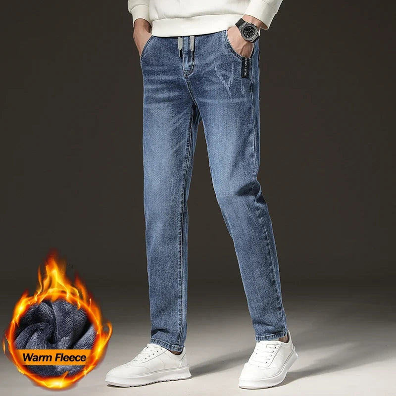 Warm Winter Jeans Men's Fleece Light Blue Slim Straight Denim Pants High Quality Thicken Velvet Elastic Comfort Casual Trousers