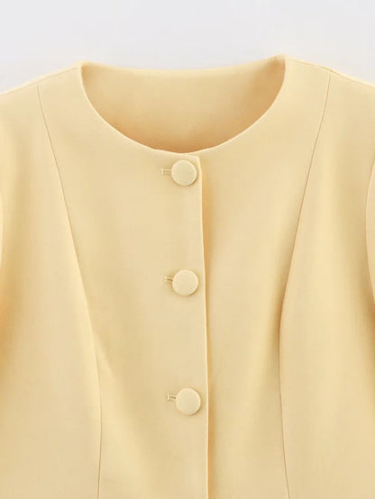 2025  women's new elegant fashion retro round neck cut waist slit long-sleeved casual suit jacket