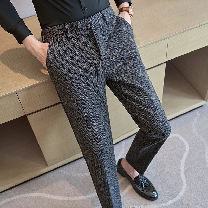 2025 Autumn Winter New Stripe Woolen Cloth Suit Pants Men Thick Warm Fashion Business Casual Male Straight Formal Trousers