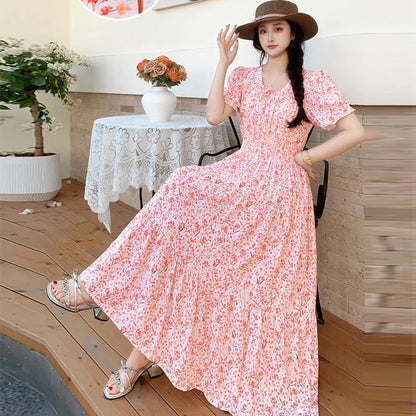 Summer New Cotton Silk Floral Print Maxi Dr ort Sve Beachwear High Waist Young Women's Large Skirt Swing Dr