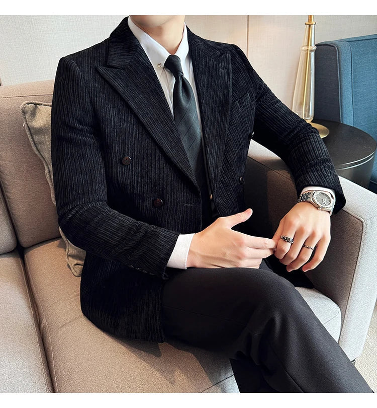 Autumn Winter New Men Corduroy Suit Jackets Double-Breasted Striped Slim Fit Casual Coats High Quality Formal Business Tailcoat