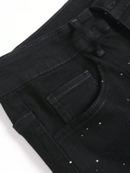 Men's Trendy Rhinestone - Embellished Black Stretch Skinny Jeans, Four - Season Style