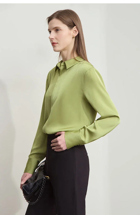 Minimalist Top For Women Solid Color Shirt Soft  Light Satin Stylish Slimming Workplace Style French Women Shirt 12521085