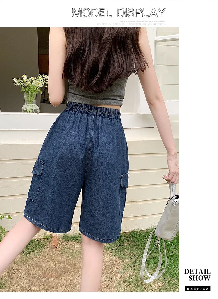 2026 Summer New Women's Denim Shorts Straight Trendy Loose Versatile Dad Shorts Thin Japanese Style Knee-length Pants