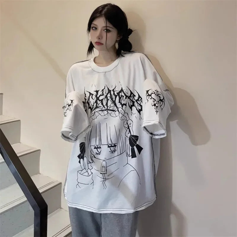 Harajuku Kawaii T-Shirt Women Sweet Japanese Gothic Subculture Loose Letter School Student Tees Long Sleeve Top Spring Outwear