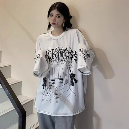 Harajuku Kawaii T-Shirt Women Sweet Japanese Gothic Subculture Loose Letter School Student Tees Long Sleeve Top Spring Outwear