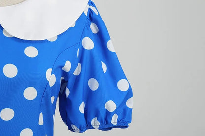 Elegant Women Summer Dress Puff Short Sleeve Polka Dot Peter pan Collar Vintage A-line Midi Long Party Sundress