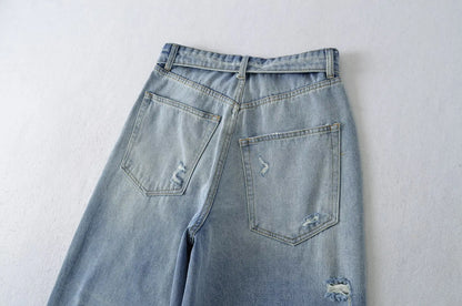American Retro Cuffed High Waist Slimming Casual Denim Jeans Women's Autumn Versatile Loose Straight Leg Floor-Length Pants