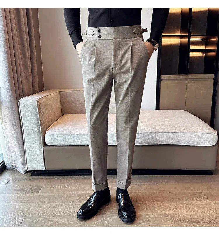 Autumn Winter High Waist Business Dress Pants Men Casual Belt Design Slim Suit Pants Formal Wedding Social Party Male Trousers