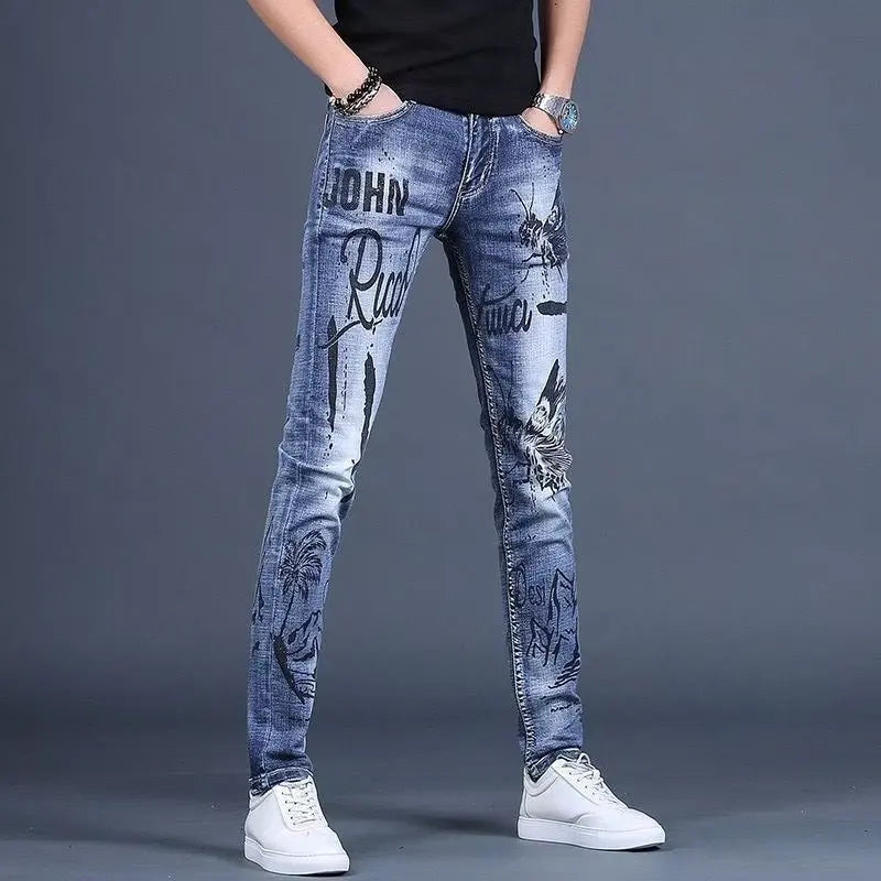 High-End Men's Slim Fit Jeans with Zipper Splicing Elastic Casual Long Trousers Trendy Retro Style Cotton Stretch Denim