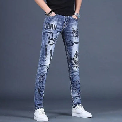 High-End Men's Slim Fit Jeans with Zipper Splicing Elastic Casual Long Trousers Trendy Retro Style Cotton Stretch Denim