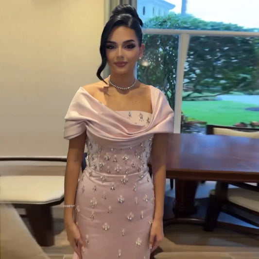 Customized Off Shoulder Evening Dresses for Women Wedding Saudi Arabia Dubai Long Formal Prom Gowns Party Baby Pink Bule Dress