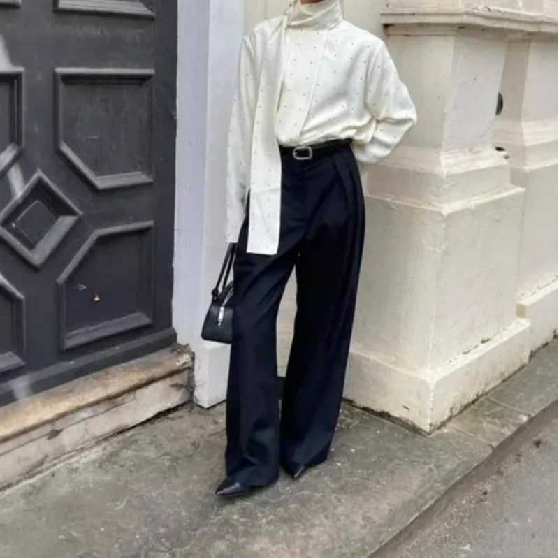 Satin Scarf Neck Polka Dot Printing Women Blouse Fashion Full Sleeve Loose Basic Shirt Lady Spring New Highstreet Commute Wears
