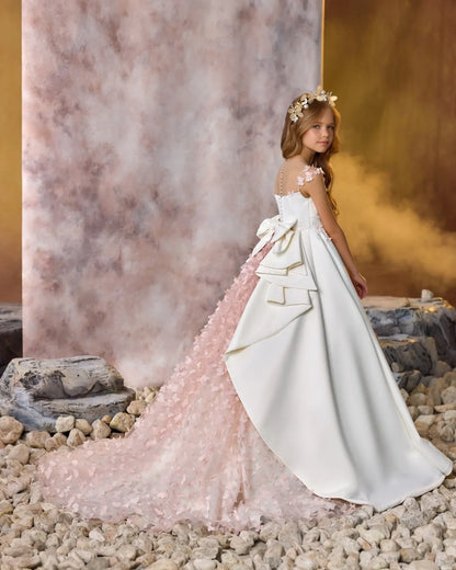 Elegant White Flower Girl Dresses For Wedding Customized Pink Floral Litter Girls Birthday Gowns Baby First Communion Dresses