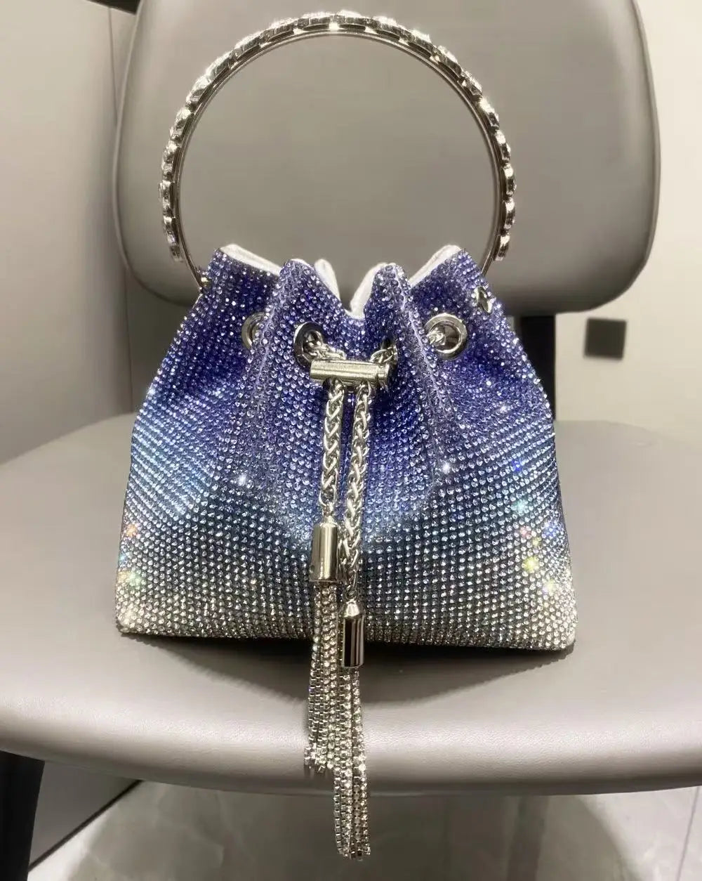 Rhinestones Diamond Evening Clutch Bag Luxury Designer Metal Ring Women's Handbag Wedding Party Bling Bucket Purse Shoulder Bag