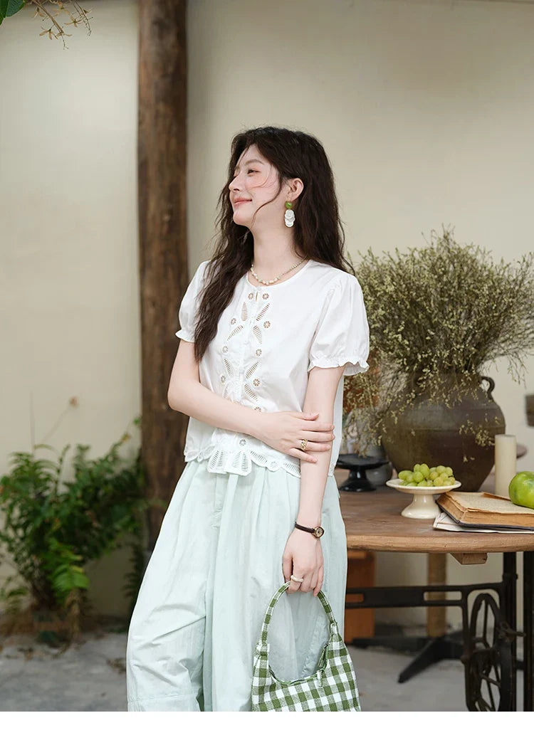 100%Cotton Hollow Embroidery Round Neck Shirt for Women 2025 Summer Puff Sleeve Casual Top Women's Clothing MXE39X1938
