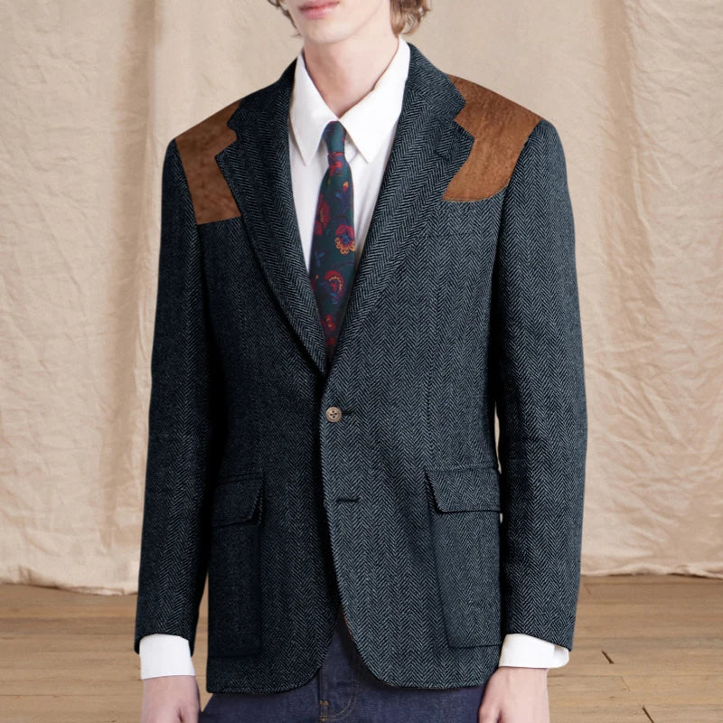 Vintage Men's Herringbone Tweed Blazer Suede Shoulder Patch Notch Lapel Slim Fit Jacket Casual Business Suit Sport Coat for Men