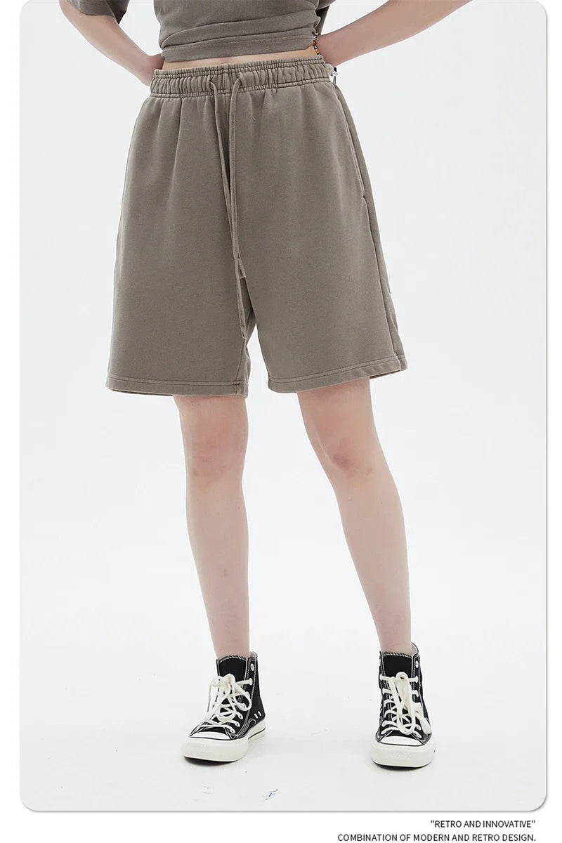 Fashion Summer Men 420gsm Washed Cotton Shorts Retro Unisex High Street Terry Knee Length Short Pants Streetwears HY0845