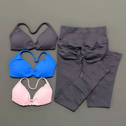 2 Piece Sports Set Women Yoga Backless Halter Bra High Waist Scrunch Seamless Pants Sport Suit Gym Sportswear Workout Set