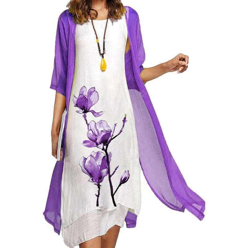 2025 new! Eu-us Summer Women's casual elegance 2 printed crew-neck loose dress sweater coat set