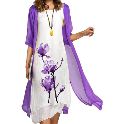 2025 new! Eu-us Summer Women's casual elegance 2 printed crew-neck loose dress sweater coat set